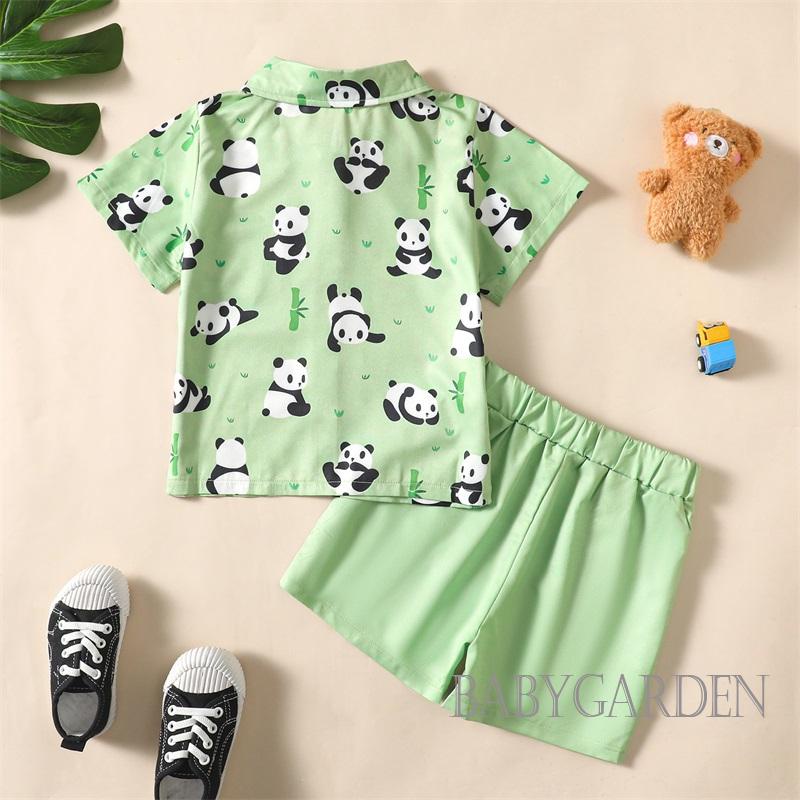 Bộ Áo Sơ Mi Ngắn Tay Cổ Bẻ In Hình Gấu Trúc + Quần Short Màu Trơn Thời Trang Mùa Hè Cho Bé Trai 3-7 Tuổi