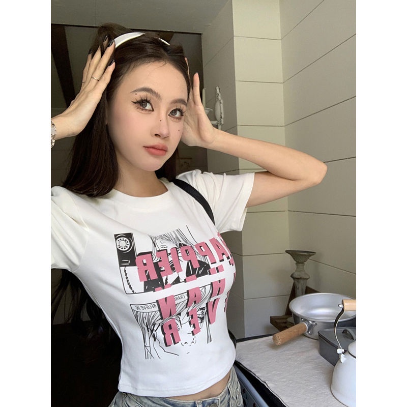 Áo baby tee Thun croptop nữ Ngắn Tay Dáng Ôm In Họa Tiết Thời Trang Mùa Hè 2023 Phong Cách Retro Mỹ Cho Nữ