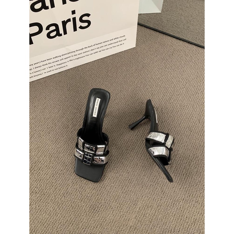 Dép Sandal Cao Gót Mũi Vuông Hở Ngón Quai Dệt Đơn Giản Phong Cách Retro Pháp Cho Nữ