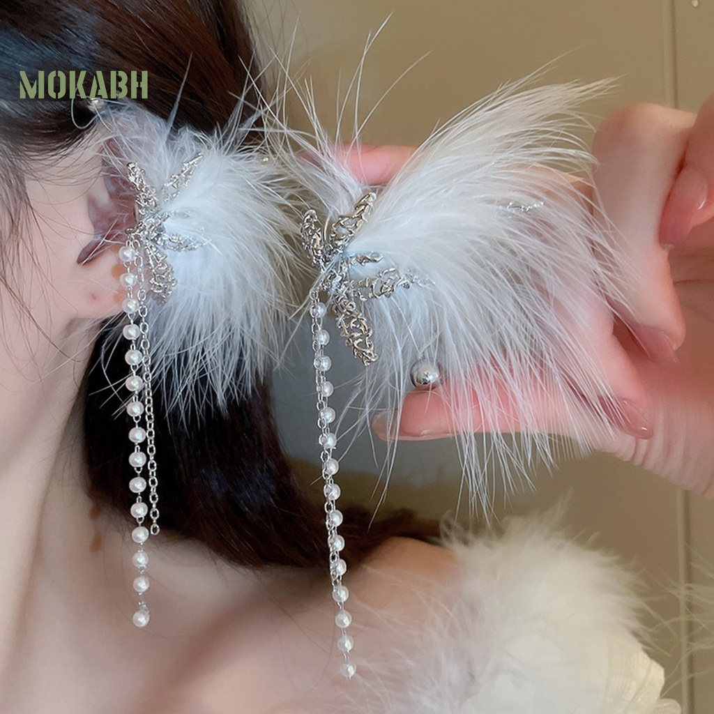 1 Khuyên Kẹp Vành Tai Hình Lông Vũ Đính Ngọc Trai Giả Sang Trọng