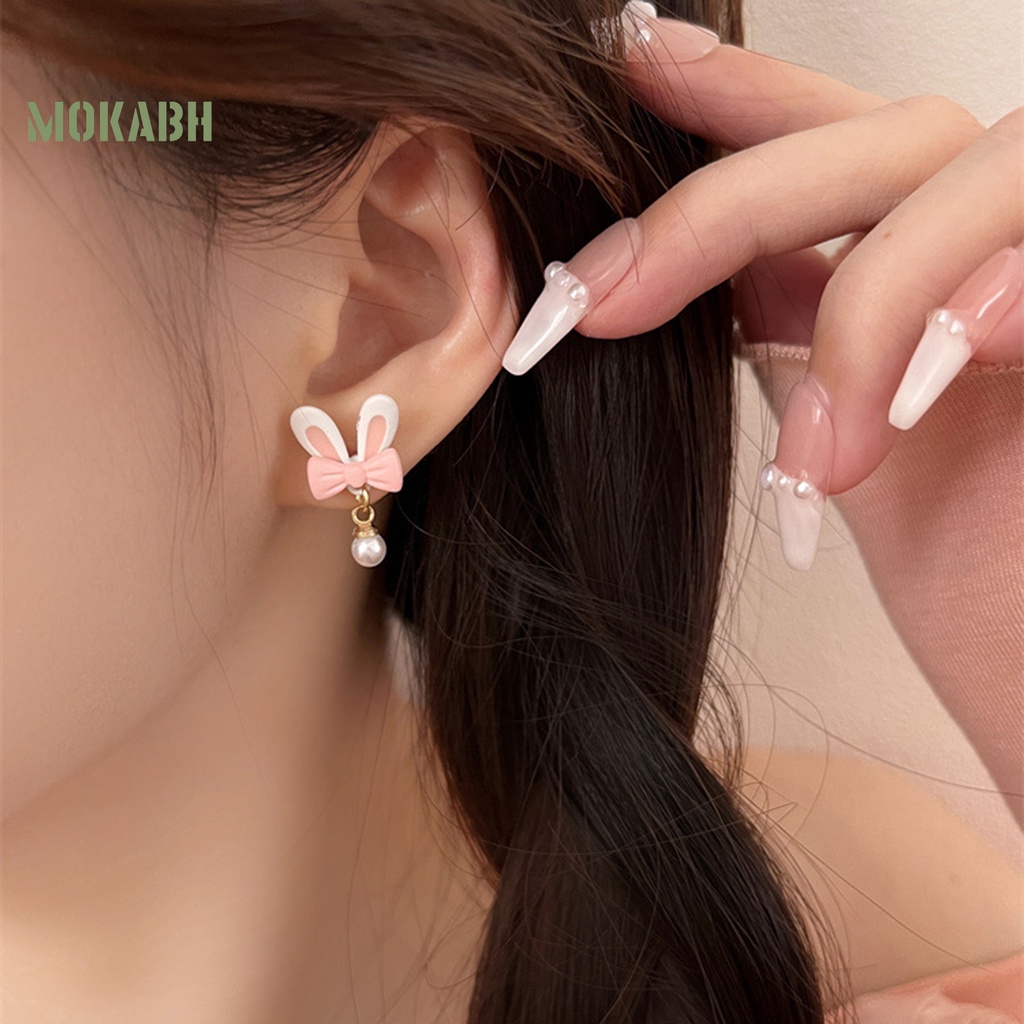 1 Đôi Bông Tai Hình Thỏ Hồng Đính Ngọc Trai Giả Dễ Thương Dành Cho Tuổi Teen