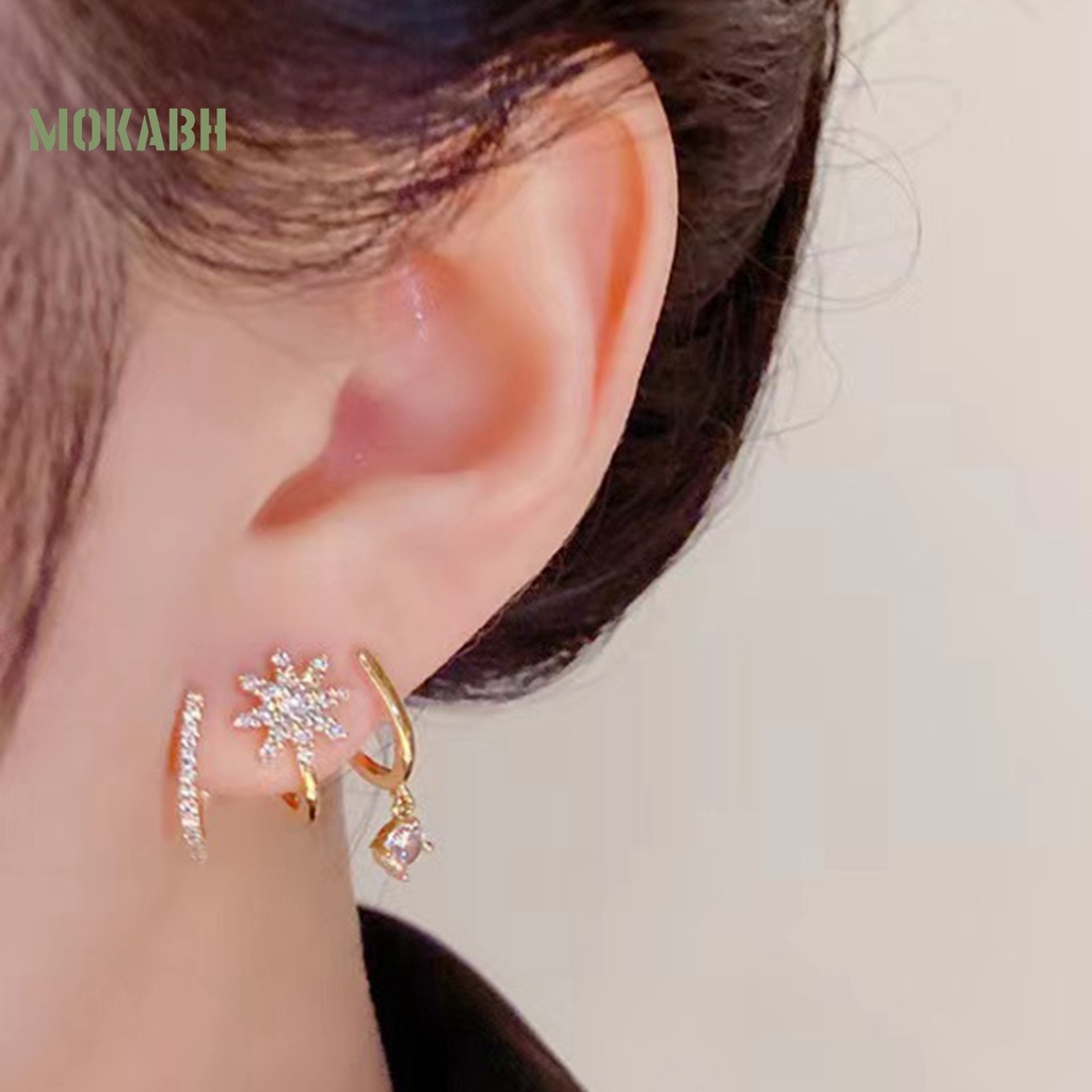 1 Đôi Bông Tai 3 Hàng Đính Đá Không Gây Dị Ứng Thiết Kế Tinh Tế Thời Trang Cho Nữ