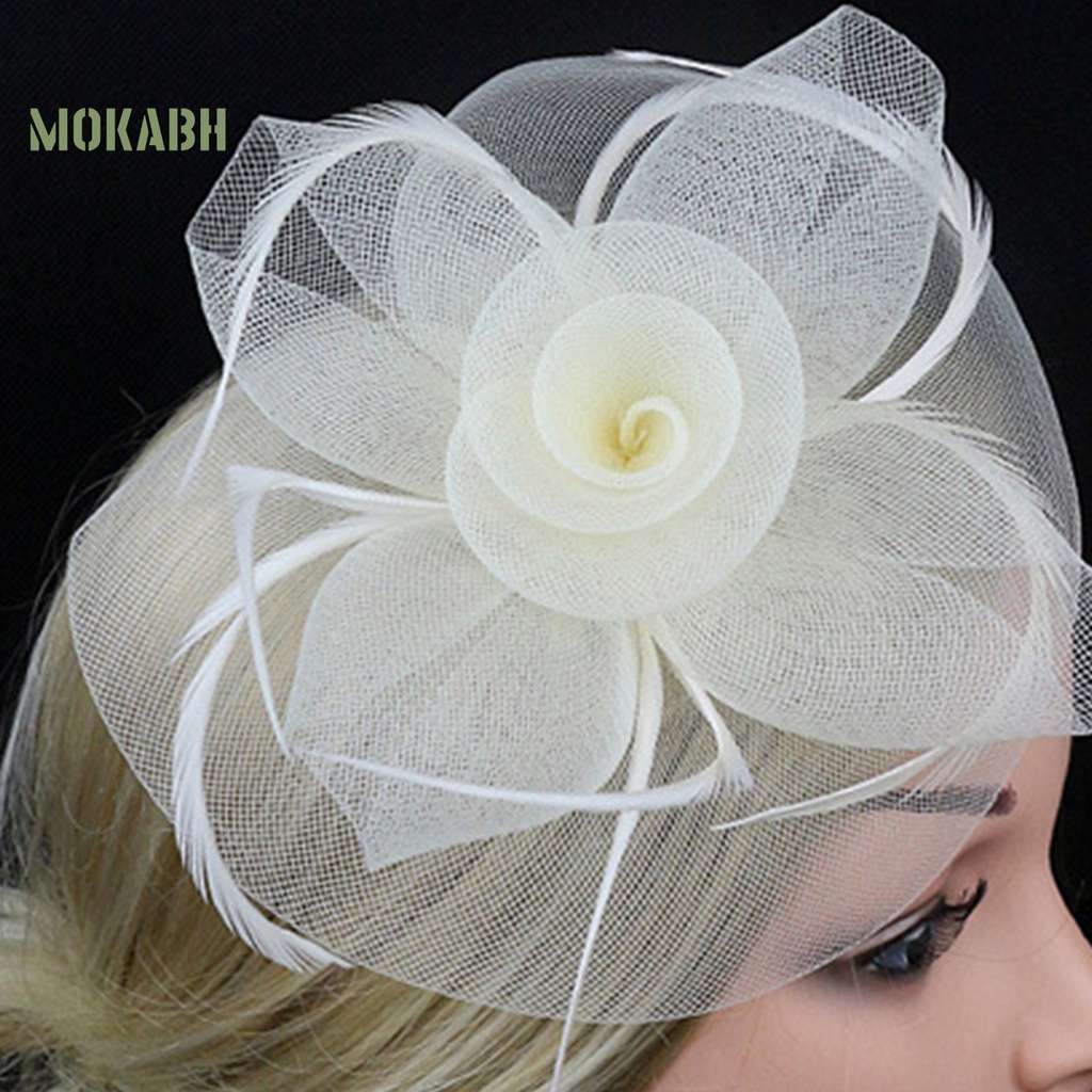 Cài Tóc [mokabh] Mũ Lưới Giả Lông Vũ Thắt Nơ Hoa Trang Trí Cocktail