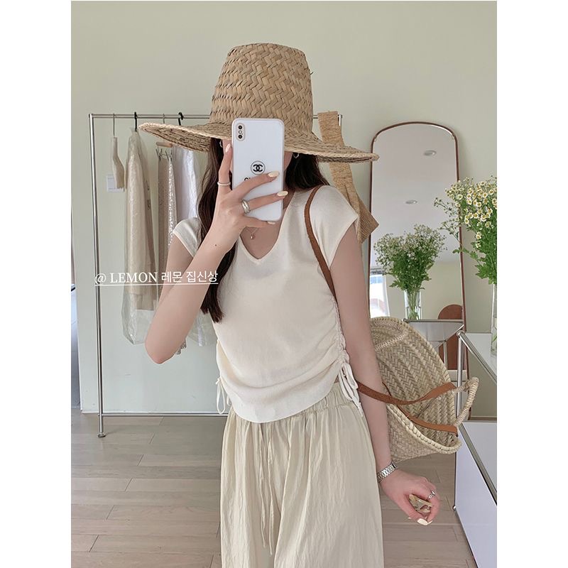 Áo Thun Tay Ngắn Dáng Ôm Phối Dây Rút Họa Tiết Kẻ Sọc Thời Trang Mùa Hè 2023