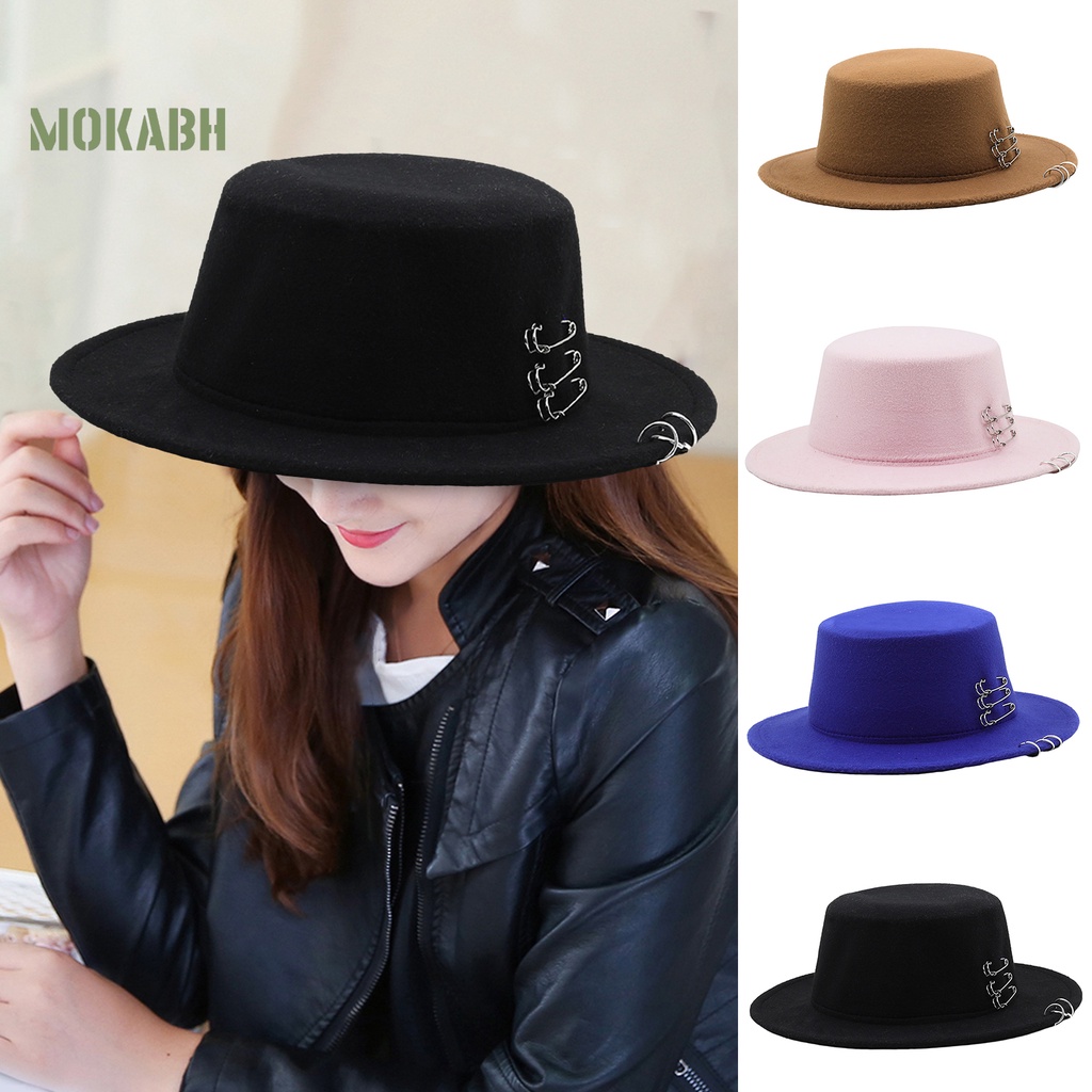 [Mok Abh] Mũ Fedora Len Chống Nắng Vành Phẳng Màu Trơn Cổ Điển Trang Trí Cho Nam Và Nữ
