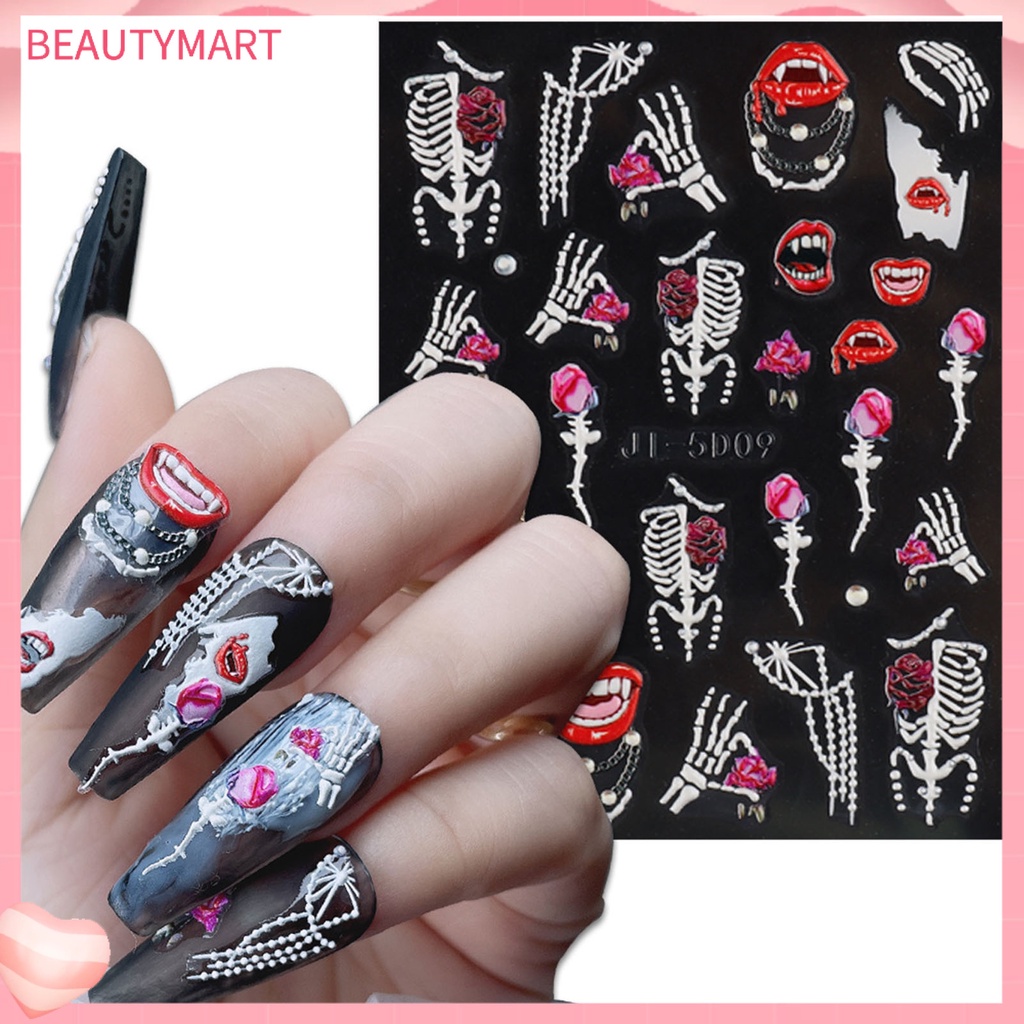 [beautymart] Nhãn Dán Móng Tay Bằng Resin Tự Dính Không Phai Màu Chống Nước Họa Tiết Kinh Dị Đầu Lâu