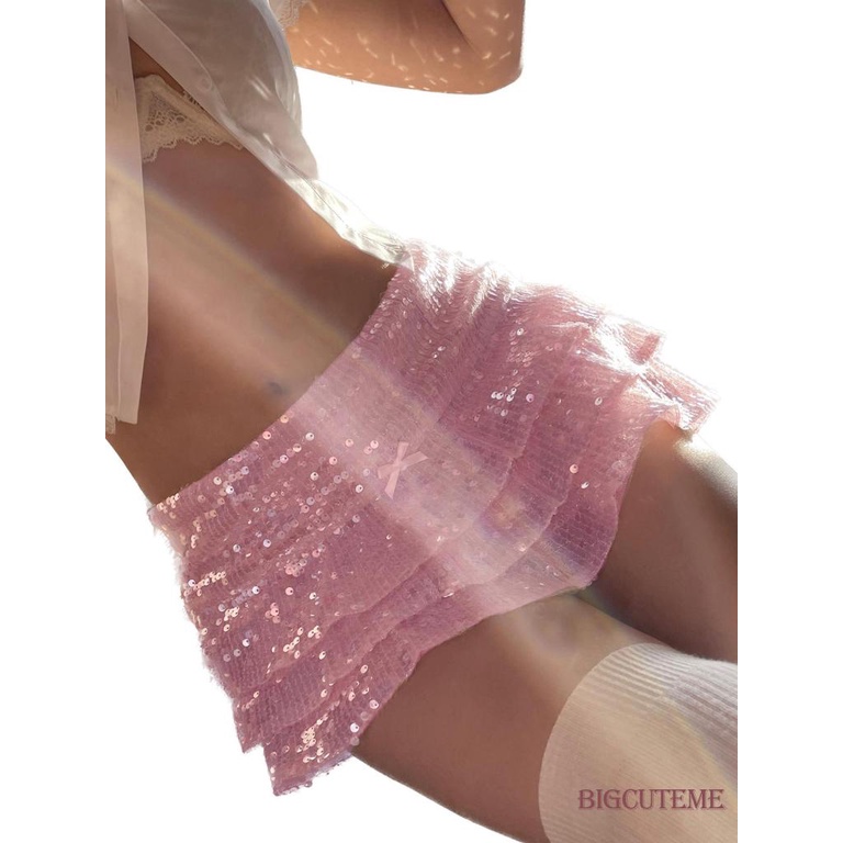 Chân Váy Ngắn Xếp Tầng Đính Kim Sa Màu Hồng Thời Trang Dành Cho Nữ