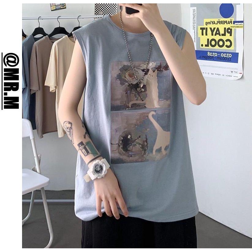 Áo Thun Sát Nách Cổ Tròn In Họa Tiết Tranh Sơn Dầu Phong Cách Đường Phố Mỹ Thời Trang Mùa Hè Cho Nam