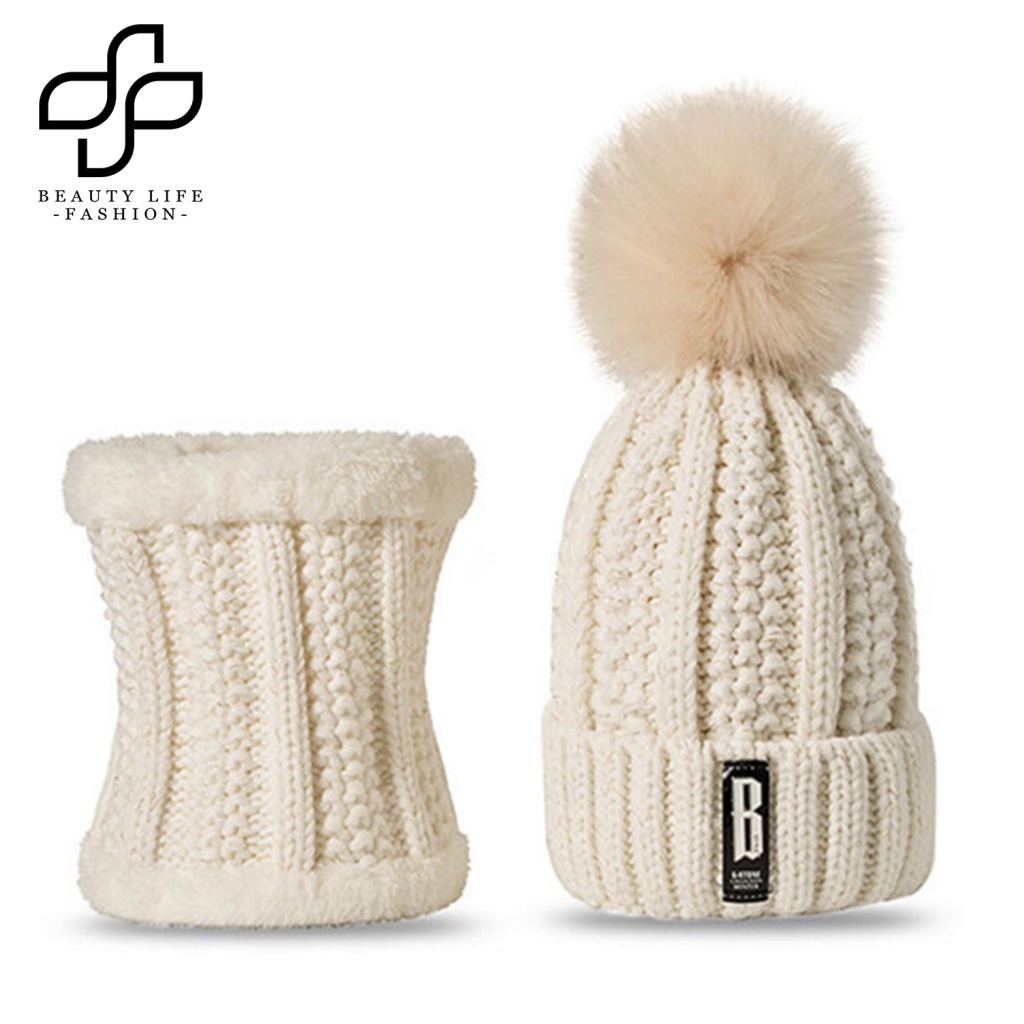 Mũ beanie Trùm Đầu Kèm Quả Cầu Bông Xinh Xắn Cho Nữ
