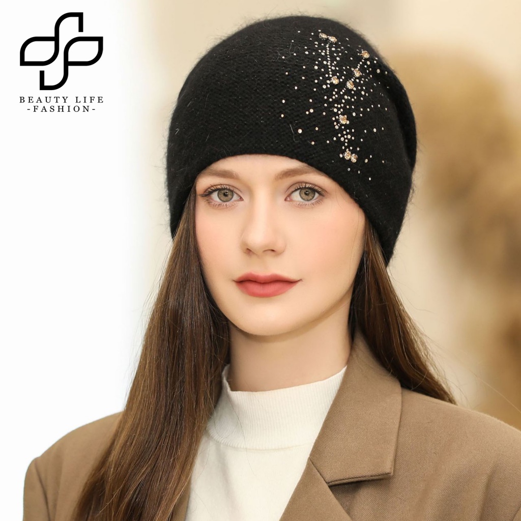 Beautylife Mũ Len Beanie Dệt Kim Đính Đá Màu Trơn Co Giãn Tốt Thoải Mái Giữ Ấm Mùa Đông Thanh Lịch Dành Cho Nữ