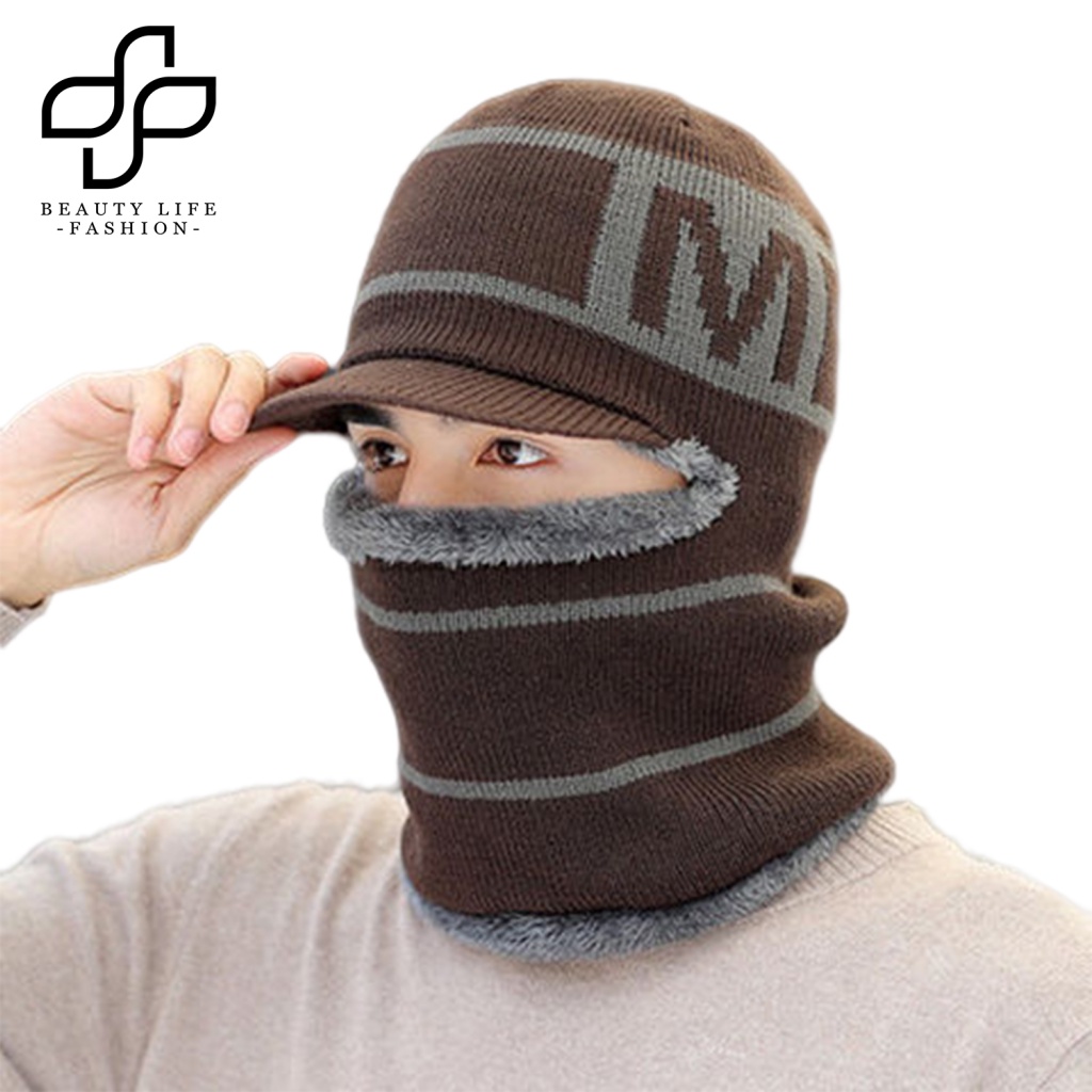 Beautylifefashion Mũ Len Kèm Khăn Choàng Dày Chống Lạnh Bảo Vệ Tai Chống Nhăn Thiết Kế In Chữ Thời Trang Cho Nam Khi Đi Trượt Tuyết
