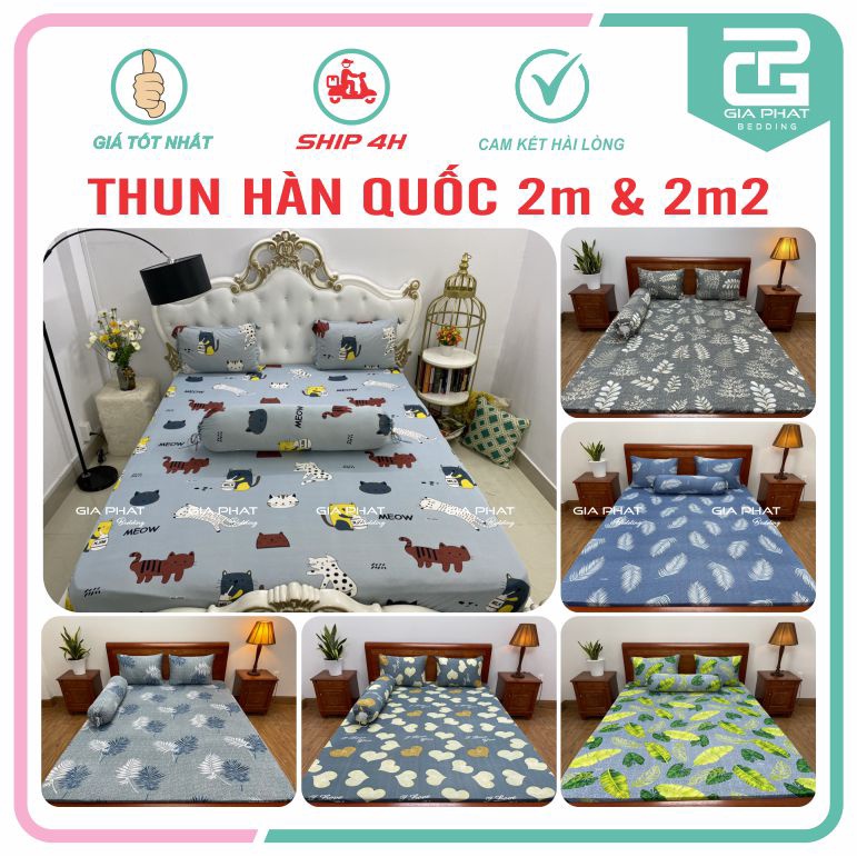 Bộ ga giường, Drap giường 2m2 x 2m Thun lạnh Hàn Quốc 4 món mát lạnh cao cấp GIA PHÁT Bedding