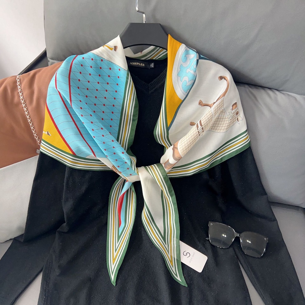 Khăn Choàng Cổ Nhỏ 180 * 38cm Bằng Lụa Đính Kim Cương Giả Màu Cam Họa Tiết Hình Học