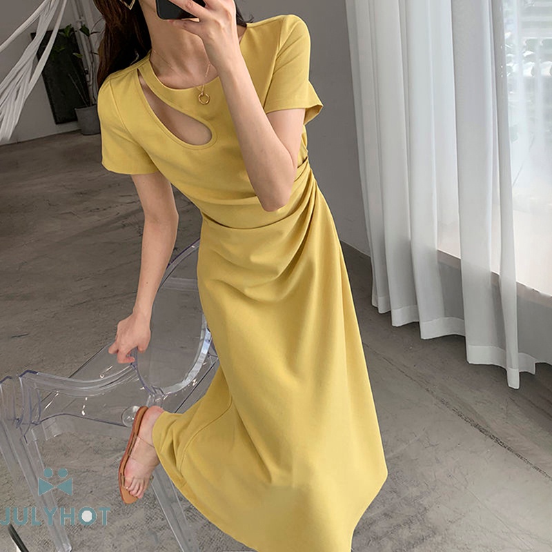 rắn Midi ăn mặc phụ nữ Rỗng ra Pleated dễ dàng phù hợp với phong cách Hàn Quốc mỏng mùa hè đầy màu sắc đơn giản thanh lịch váy jhs