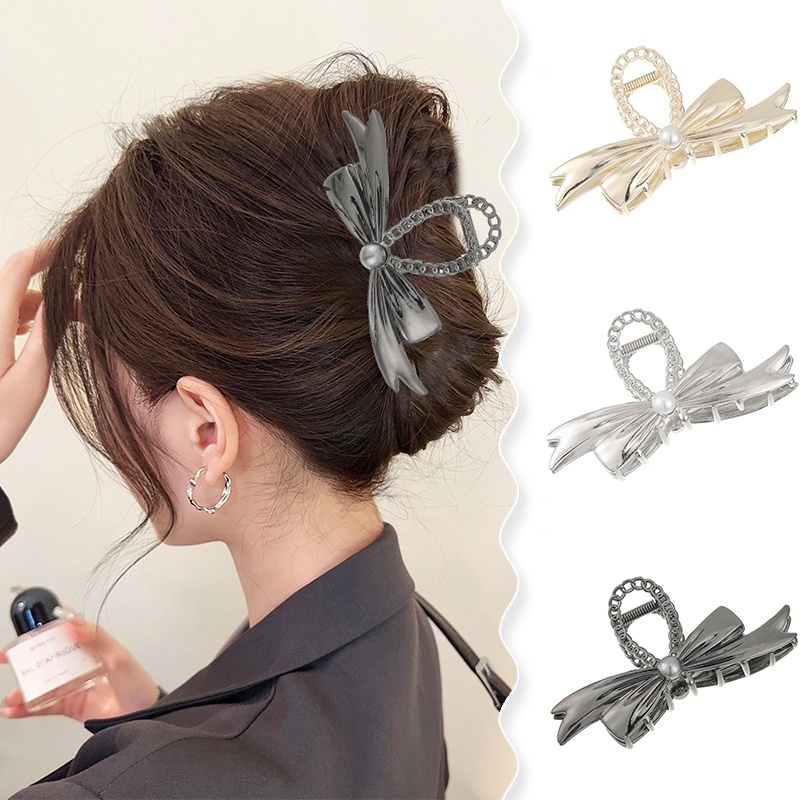Kẹp Tóc Hình Nơ Đính Ngọc Trai Bằng Kim Loại Phong Cách Hàn Quốc Ngọt Ngào Cho Nữ