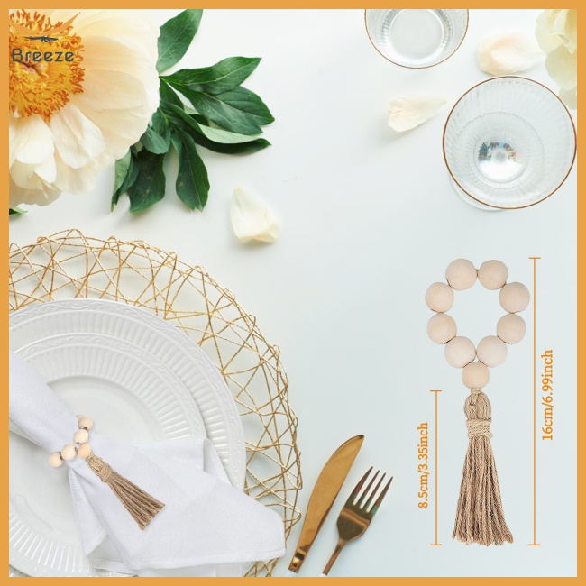 Set 12 Vòng Giữ Khăn Ăn Bằng Hạt Gỗ Tự Nhiên Kèm Tua Rua Để Bàn Trang Trí Nhà Cửa / Tiệc Cưới / Giáng