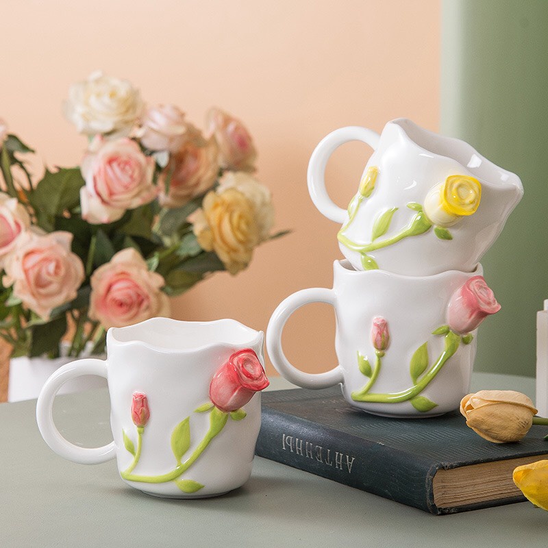 (CÓ SẴN) Cốc, ly sứ uống trà, cafe hình hoa hồng da chiều, thiết kế độc đáo