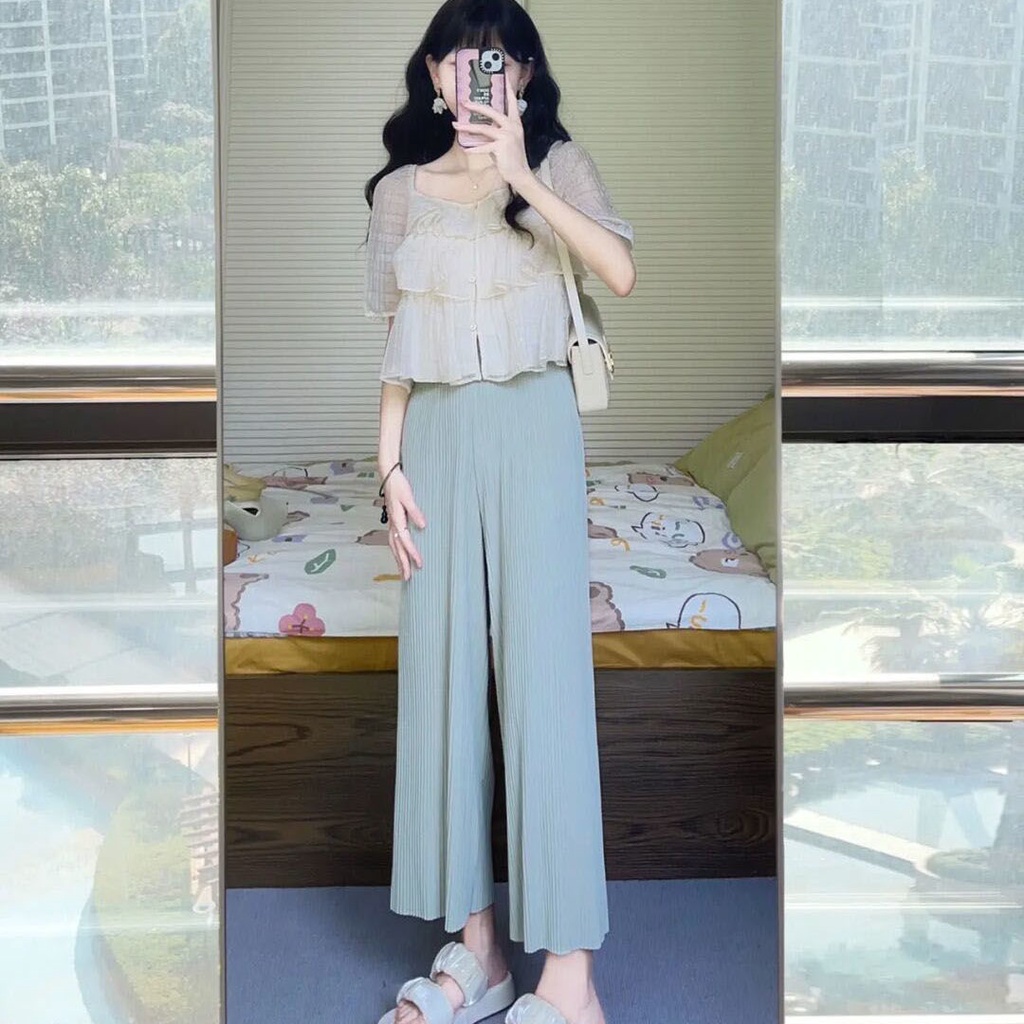 Áo Ngắn Tay Cổ Vuông Phong Cách Mới Mùa Hè 2023 + Quần Dài Nhẹ Nhàng Cho Nữ