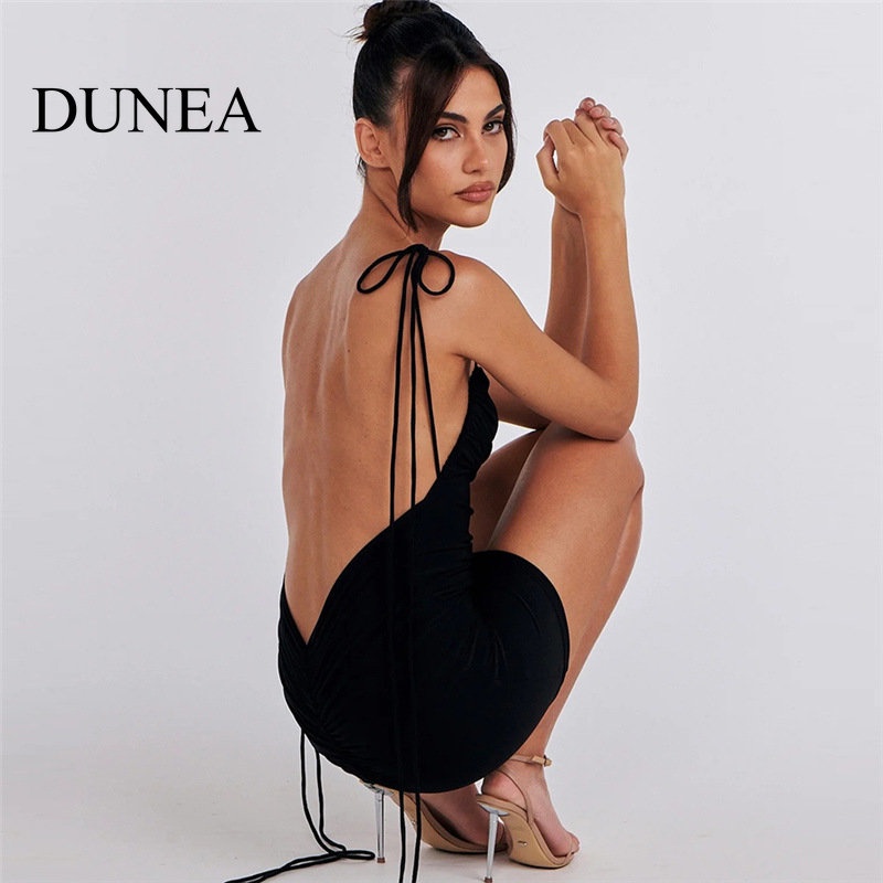 DUNEA Đầm Dáng Chữ A Hở Lưng Thiết Kế Xếp Ly Thời Trang Quyến Rũ Cho Nữ