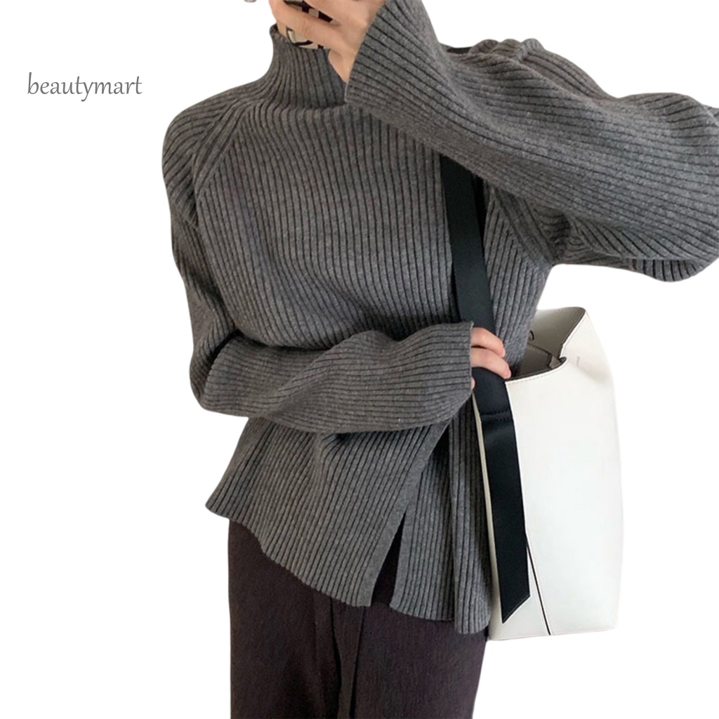 Áo Sweater Cổ Lọ Tay Dài Dáng Rộng Màu Sắc Đơn Giản Thiết Kế Xẻ Tà Thời Trang Mùa Đông Cho Nữ beautymartm1