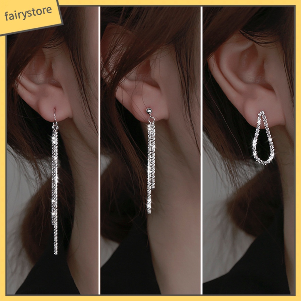 1 Đôi Bông Tai Tua Rua Hình Giọt Nước Đính Đá Thời Trang Dành Cho Nữ