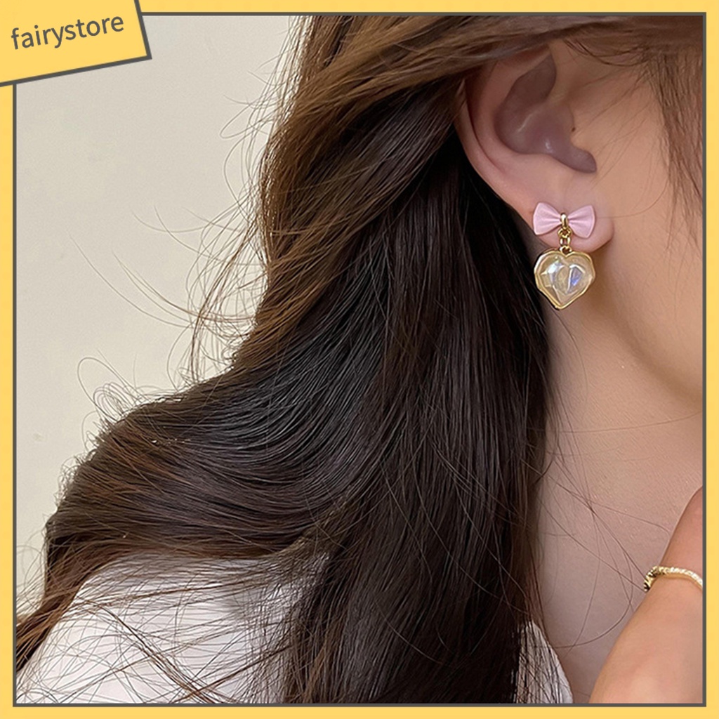 1 Đôi Bông Tai Hình Nơ / Trái Tim Đính Ngọc Trai Nhân Tạo Lấp Lánh Sang Trọng