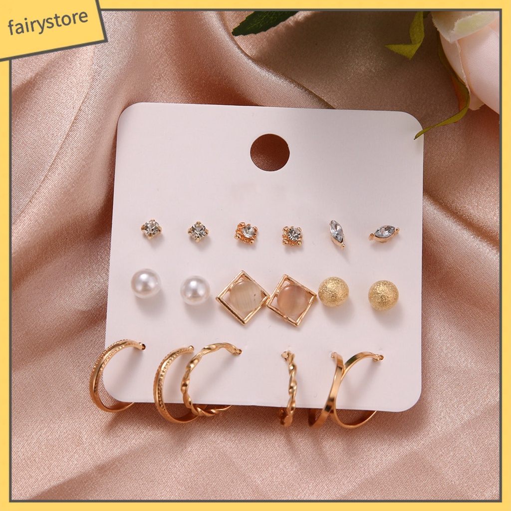 Set 9 Đôi Bông Tai Đính Đá / Ngọc Trai Giả Lấp Lánh Thời Trang Cho Nữ