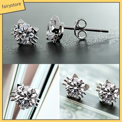 Bông Tai Mạ Bạc 925 Hình Mèo Đính Đá Zircon Dễ Thương