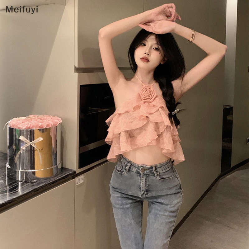 [Meifuyi] Áo Crop Top Dáng Ôm Ghép Vải Hoa Hồng Xếp Nếp Không Đối Xứng