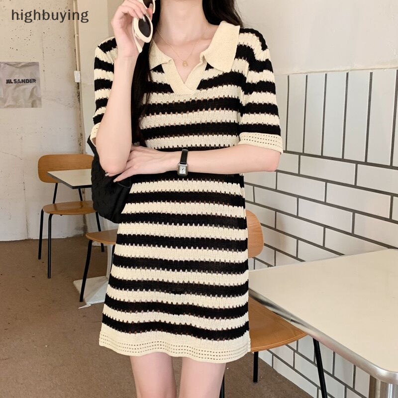 Đầm Dệt Kim Cổ Chữ V Họa Tiết Kẻ Sọc Thời Trang Mùa Hè Cho Nữ