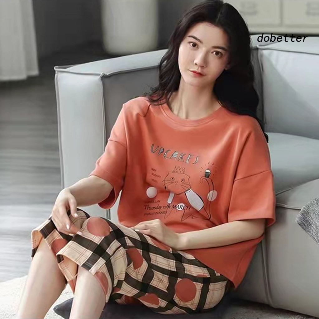 Bộ Đồ Ngủ 2 Món Áo Tay Ngắn Cổ Tròn In Hoạt Hình Phối Quần Lưng Thun Thời Trang Mùa Hè Cho Nữ