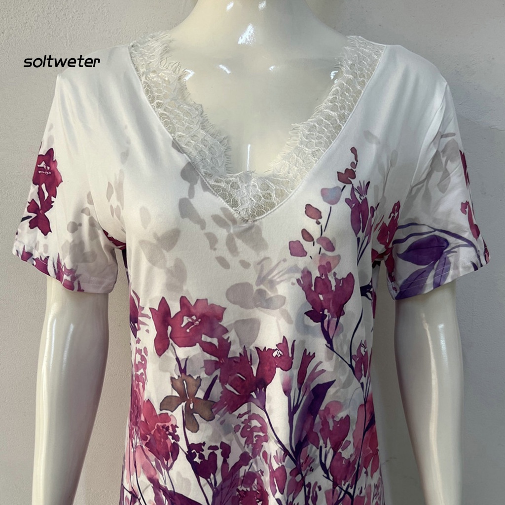 Áo Thun Tay Ngắn Cổ Chữ V Phối Ren In Họa Tiết Hoa Đơn Giản Thời Trang Đường Phố Cho Nữ