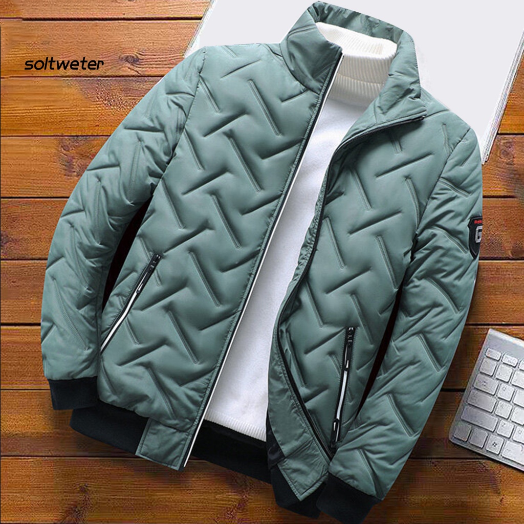 Áo Khoác Phao Cổ Đứng Lót Cotton Màu Trơn Chống Lạnh Phối Túi Cỡ Lớn Thời Trang Đường Phố Cho Nam