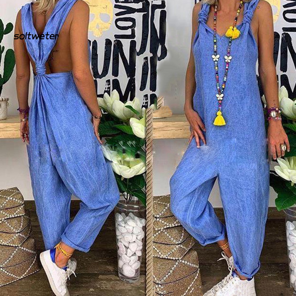 Áo liền quần Hai Dây Thắt Nút Màu Sắc Trơn Thời Trang Đường Phố Cho Nữ