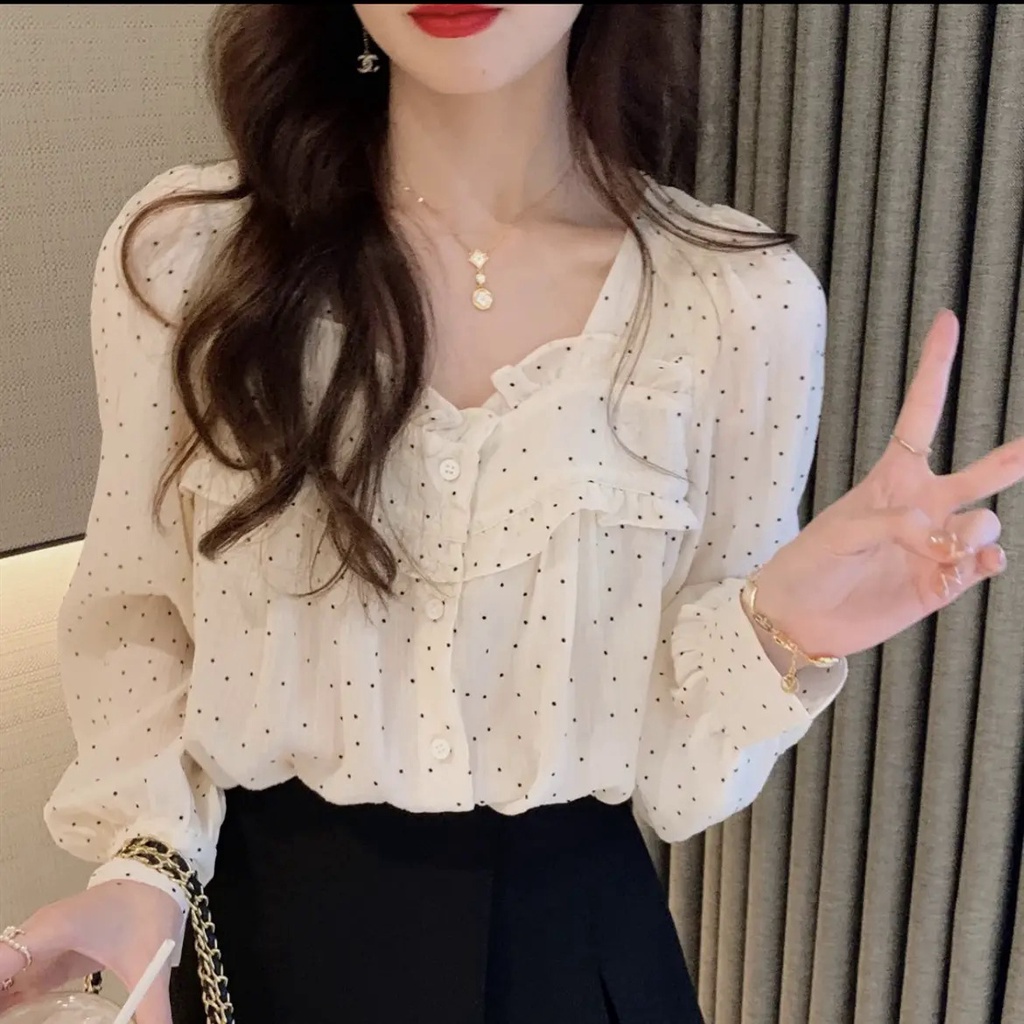 Áo Chiffon Nữ Tay Dài Phối Ren Họa Tiết Chấm Bi Thời Trang