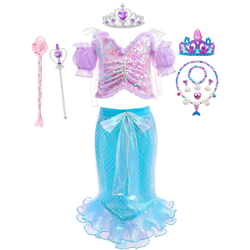 DISNEY Lxaa Bộ Trang Phục Nàng Tiên Cá mb09 2 Mảnh Đính Kim Sa Lấp Lánh Cho Bé Gái