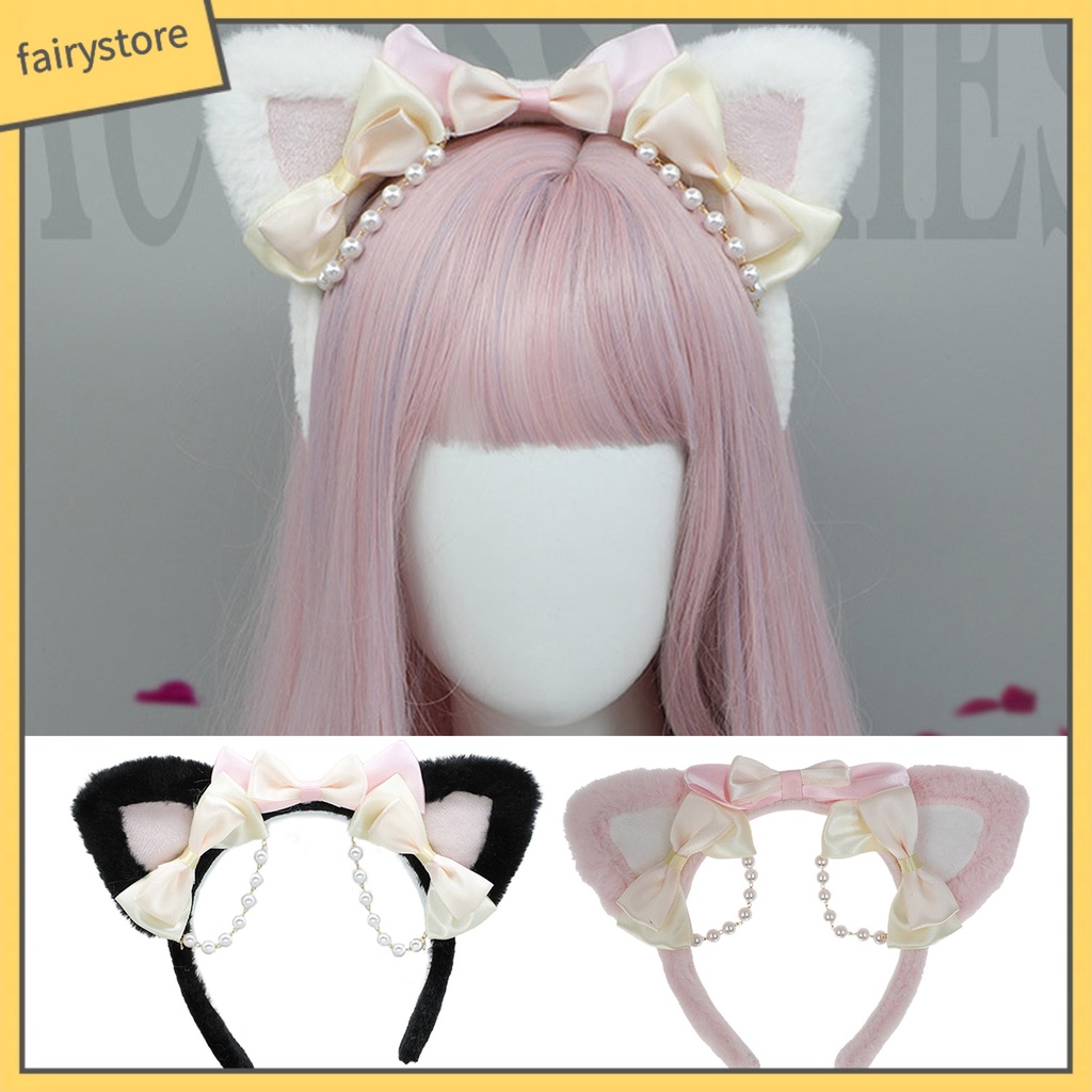 Băng Đô Nơ Tai Mèo Bông Đính Ngọc Trai Nhân Tạo Hóa Trang Lolita