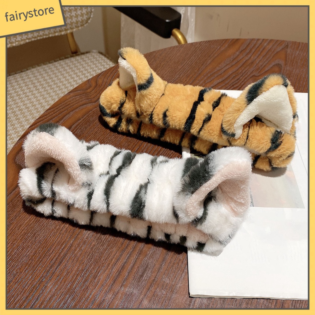 Băng Đô Cài Tóc Rửa Mặt Co Giãn Tốt In Họa Tiết Tai Hổ Hoạt Hình Cho Nữ