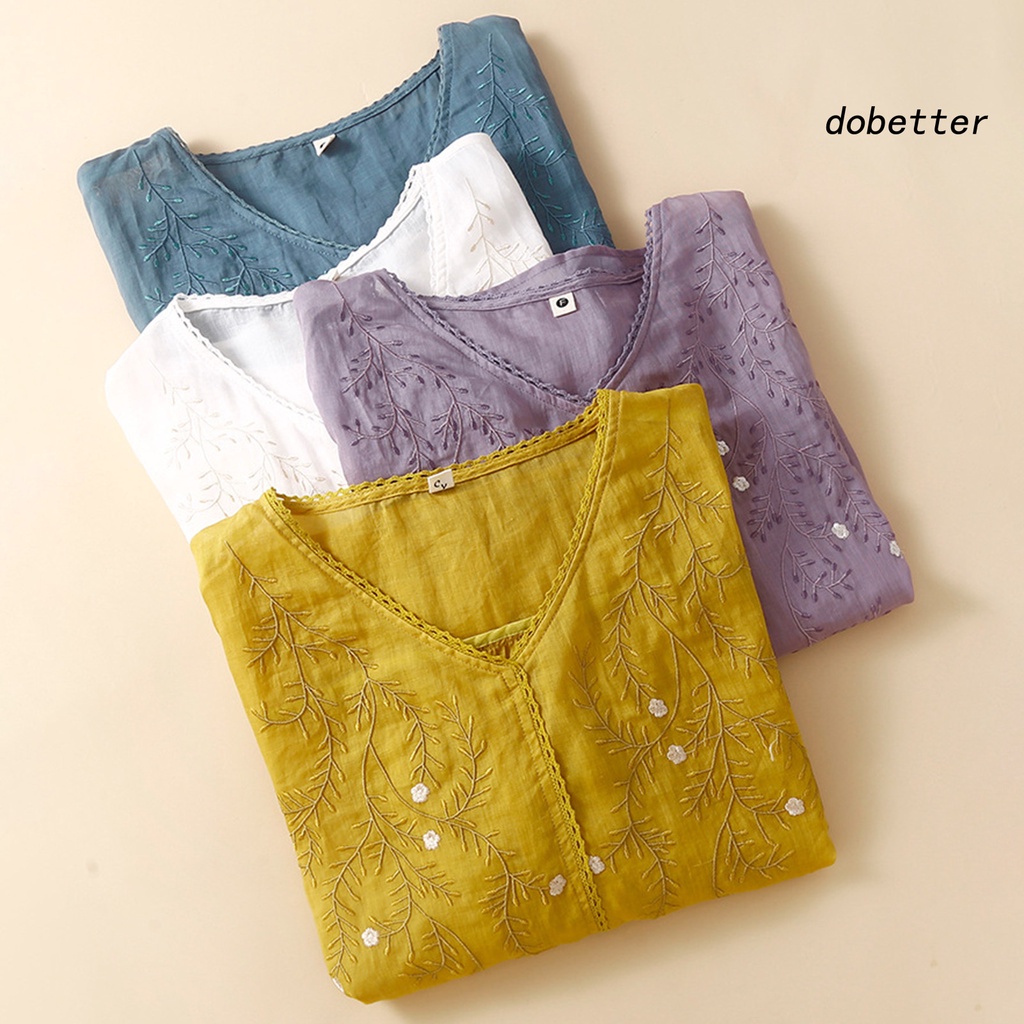 Áo Thun Nữ Tay Lửng Cổ Chữ V Màu Trơn Thêu Hoa Thời Trang