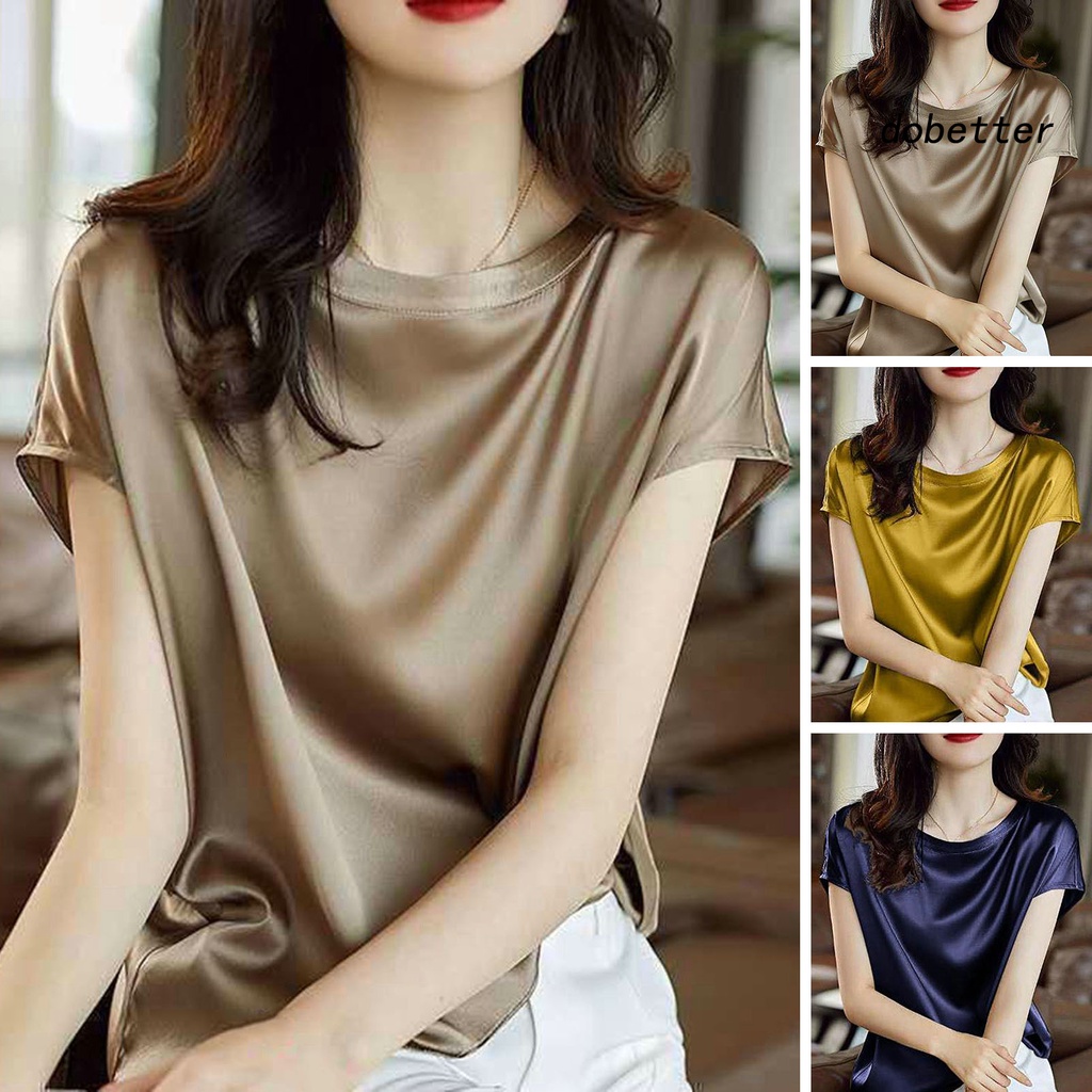 Áo Thun Satin Tay Ngắn Cổ Tròn Màu Sắc Đơn Giản Dành Cho Nữ