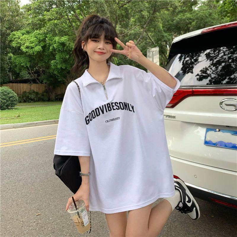 COZOK Áo polo Ngắn Tay Form Rộng In Chữ Thời Trang Hàn Quốc