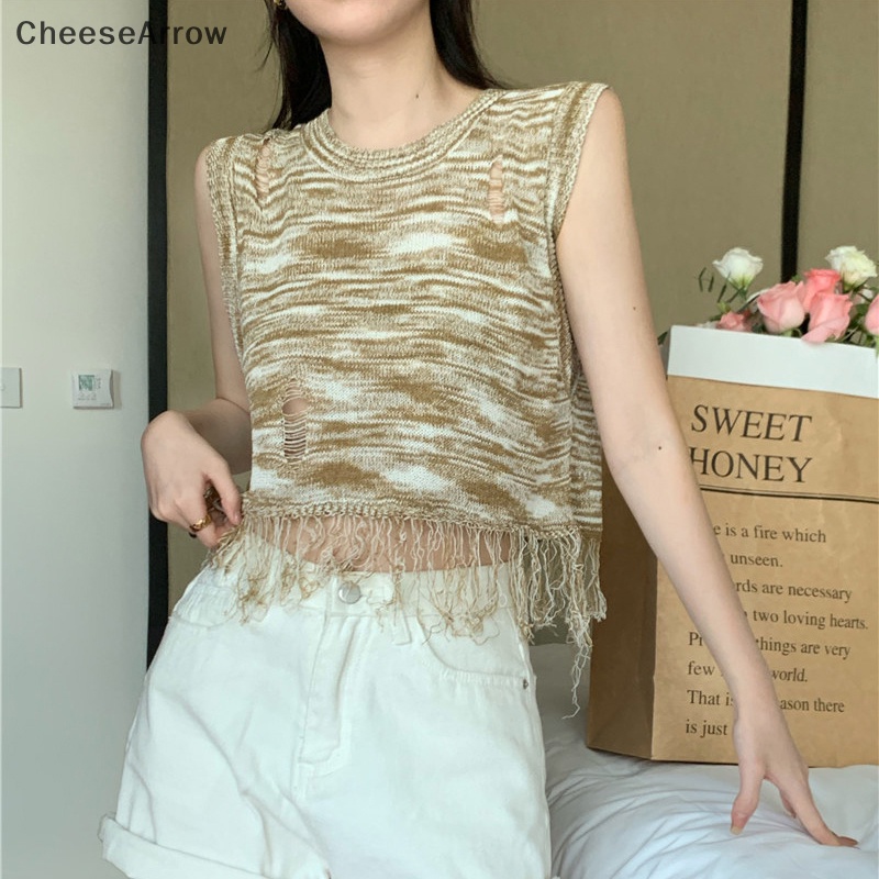 Áo Dệt Kim Sát Nách Cổ Tròn Phối Tua Rua Thời Trang Mùa Hè Cho Nữ