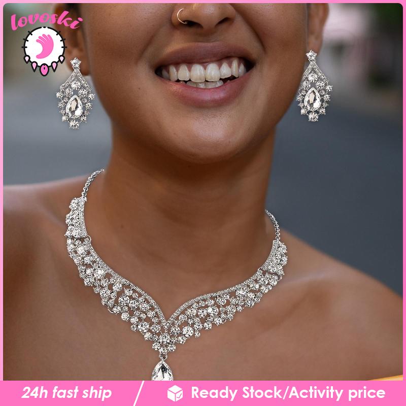 Bộ Dây Chuyền Và Đôi Bông Tai Hình Giọt Nước Đính Đá Thời Trang Cho Nữ