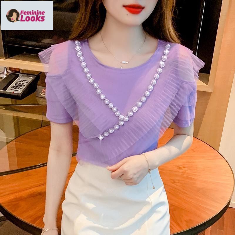 Áo Thun Cổ Tròn Hở Vai Đính Hạt Dễ Thương Xinh Xắn