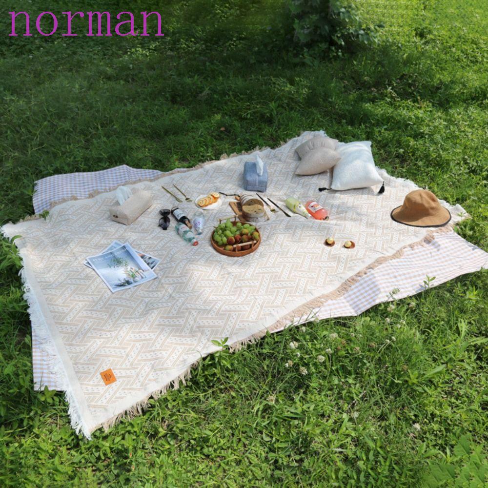 Norman 1 Thảm Cotton Họa Tiết Kẻ Sọc Phối Tua Rua Chất Lượng Cao Dùng Khi Đi Dã Ngoại