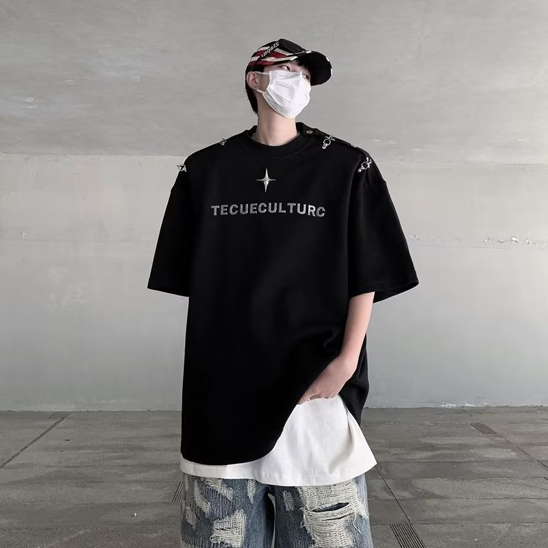 Áo Thun Tay Ngắn Phối Nút Kim Loại Nặng 320g Phong Cách Đường Phố Mỹ Cho Nam