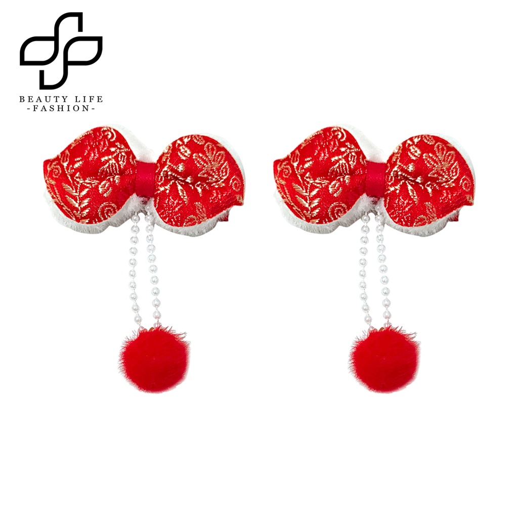 Bộ 2 Kẹp Tóc Nơ Đính Bóng Lông Tua Rua Đỏ Phong Cách Trung Hoa Cổ Điển Mừng Năm Mới Cho Bé Gái