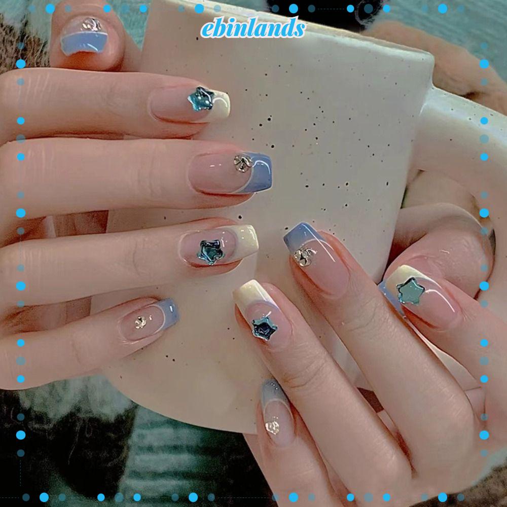 Bộ 24 Móng Tay Giả Màu Xanh Dương Hình Ngôi Sao Có Thể Tháo Rời