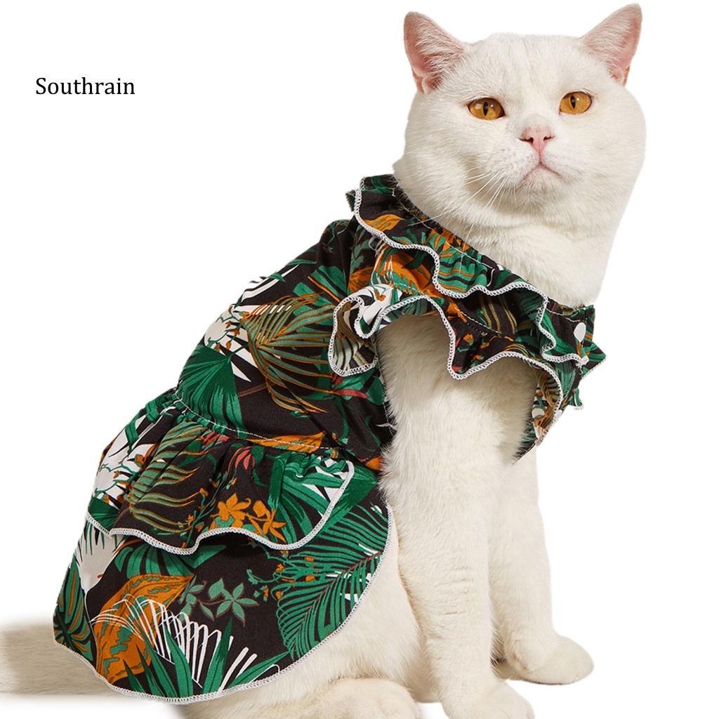 Đầm Hóa Trang Công Chúa Mùa Hè Xếp Ly Viền Nhấn In Họa Tiết Lá Cọ Có Khóa Bấm Cho Cún Cưng