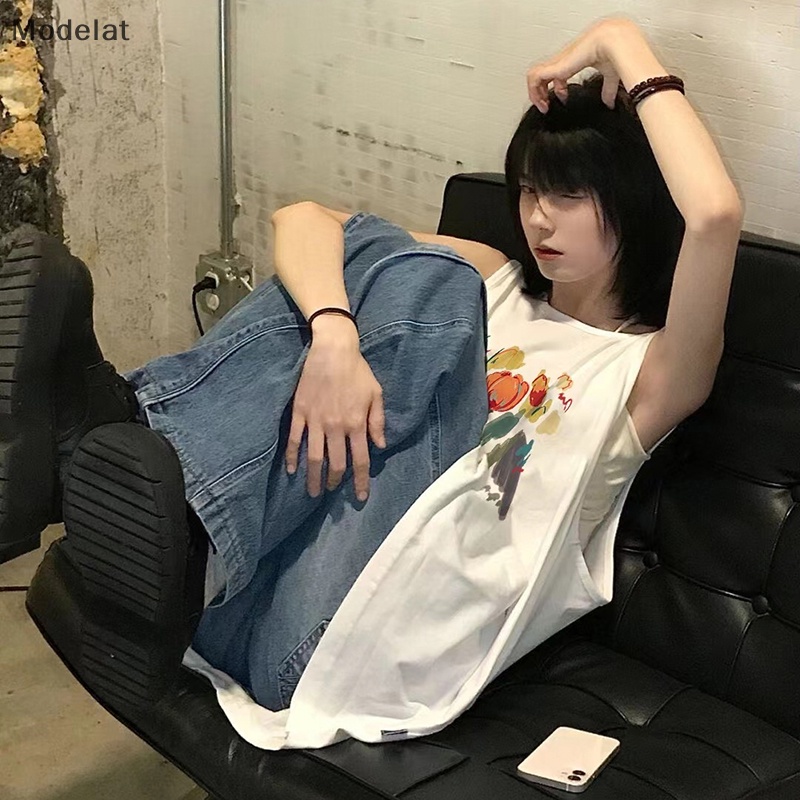 Áo Sát Nách Cổ Tròn Dáng Rộng In Họa Tiết Kiểu Retro Mỹ Thời Trang Mùa Hè Cho Bạn Gái